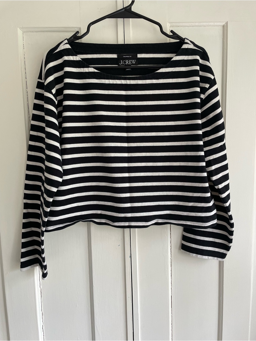 J. Crew Shirt Cropped Boatneck T-shirt Mariner Cotton Size M Black White Stripe
